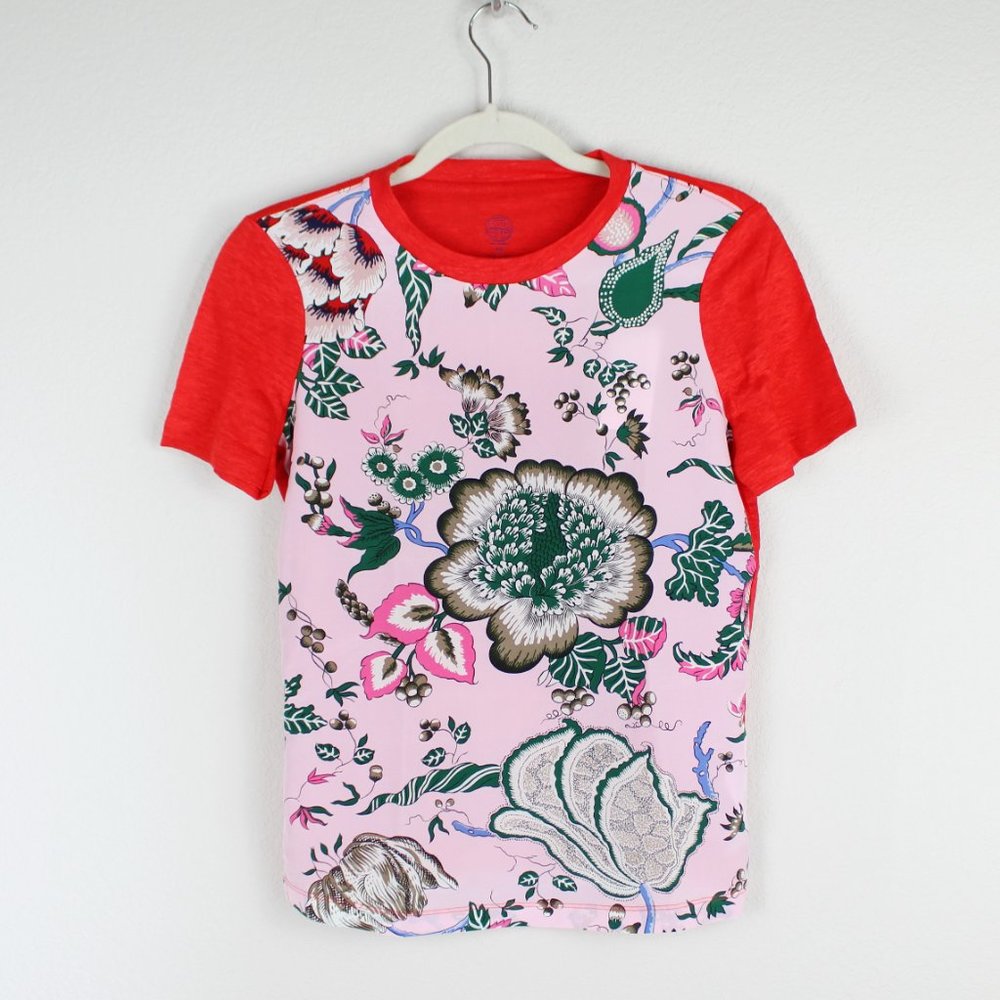 Tory Burch Red Silk Front Linen Floral Tee XS Crewneck Short Sleeve